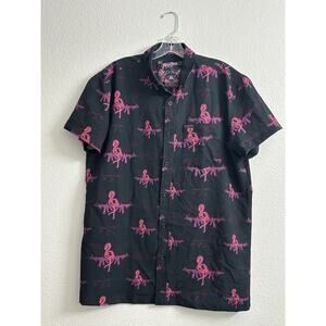 Retro Rifle Da Flamingo Button Down Shirt Black Pink Men’s L